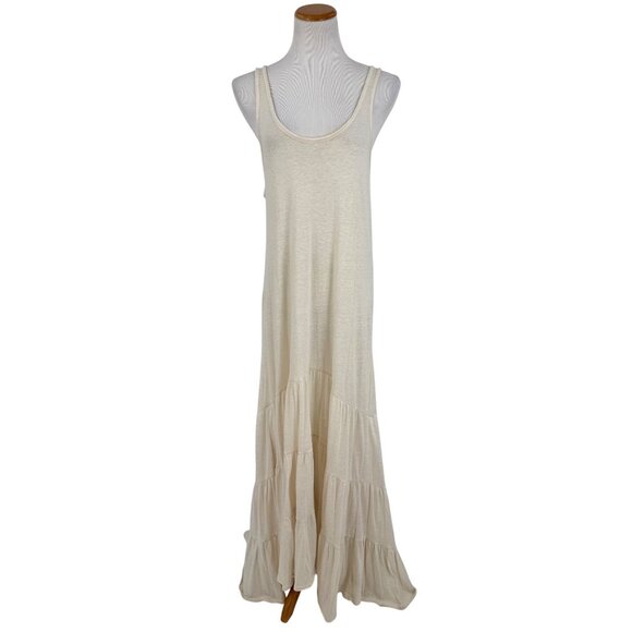 RARE Free People Beach Cream White Casual Boho Tiered Ruffle Hem Maxi Tank Dress - Picture 2 of 15